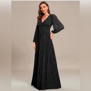 Ever Pretty Plus Black Sparkle V-Neck Long Sleeve Evening Gown